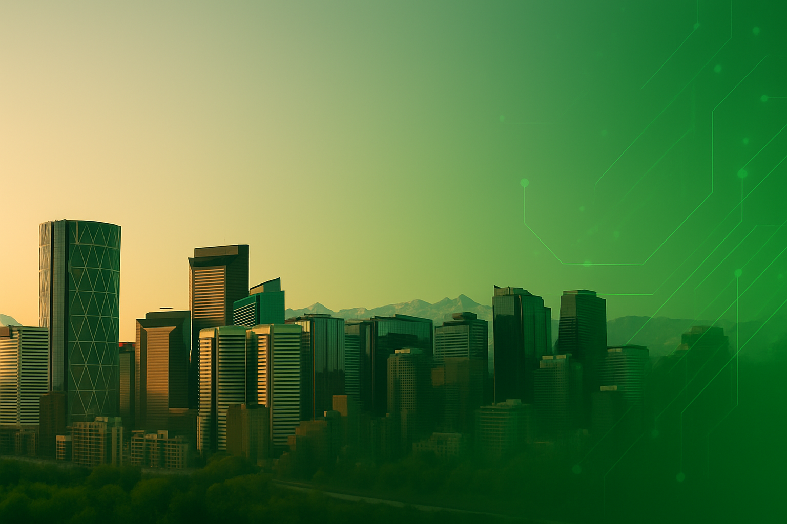 Calgary cityscape with digital overlay